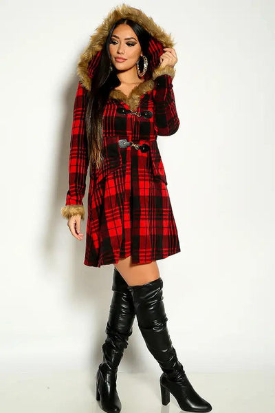 Red Black Long Sleeve Plaid Faux Fur Hooded  Outerwear - AMIClubwear