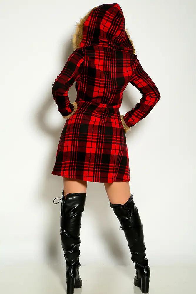 Red Black Long Sleeve Plaid Faux Fur Hooded  Outerwear - AMIClubwear