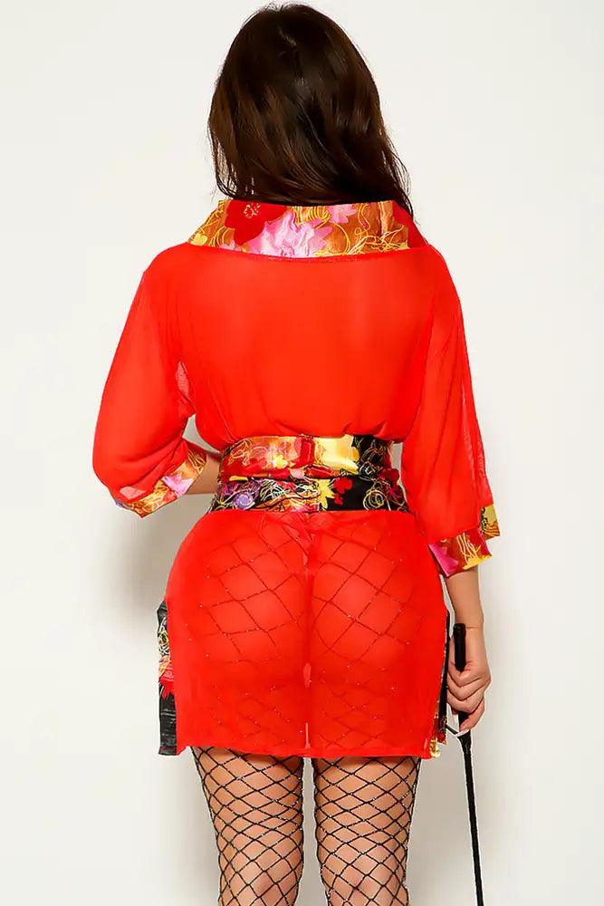 Red Black Mesh Kimono 3 Piece Costume - AMIClubwear
