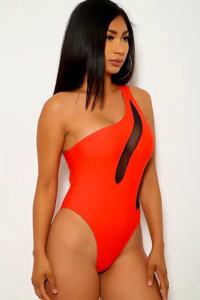 Red Black Mesh One Piece Swimsuit - AMIClubwear