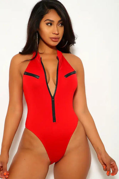 Red Black One Piece Swimsuit - AMIClubwear
