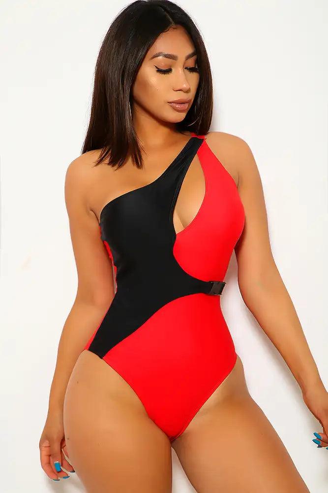 Red Black One Shoulder One Piece Swimsuit - AMIClubwear