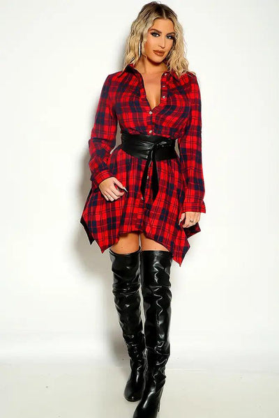 Red Black Plaid Button Up Belted Light Weight Flare Dress - AMIClubwear