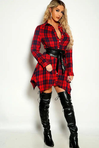 Red Black Plaid Button Up Belted Light Weight Flare Dress - AMIClubwear