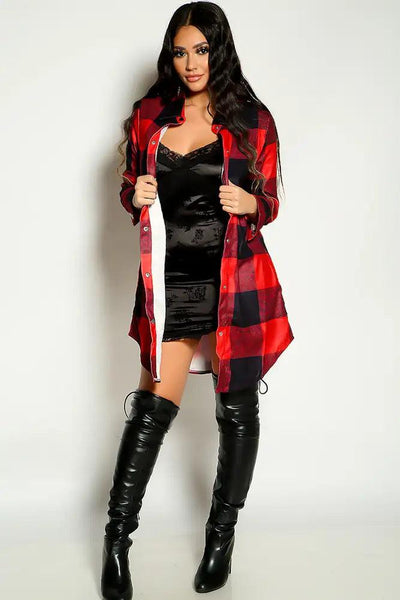 Red Black Plaid Long Sleeve Button Up Oversize Coat - AMIClubwear