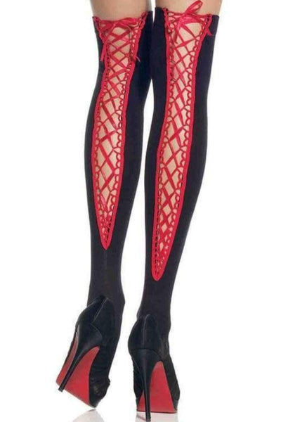 Red Black Satin Lace Up Thigh Highs - AMIClubwear