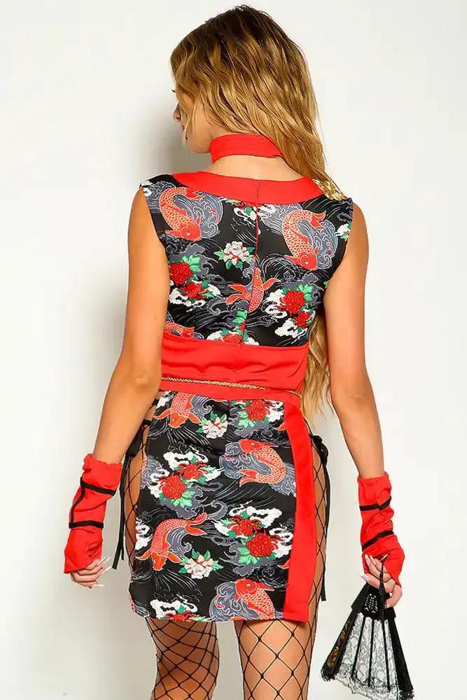 Red Black Sleeveless Floral Kimono Style Costume