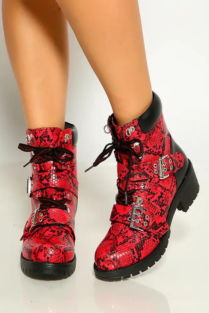 Red Black Snake Print Lace Up Side Buckle Strap Detail Combat Boots - AMIClubwear