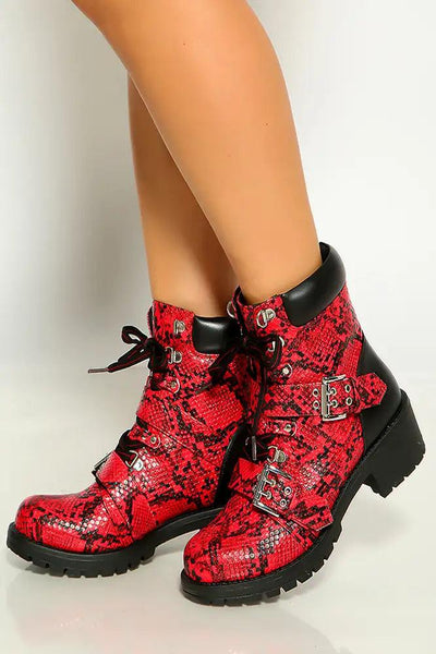 Red Black Snake Print Lace Up Side Buckle Strap Detail Combat Boots - AMIClubwear