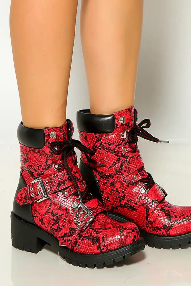 Red Black Snake Print Lace Up Side Buckle Strap Detail Combat Boots - AMIClubwear