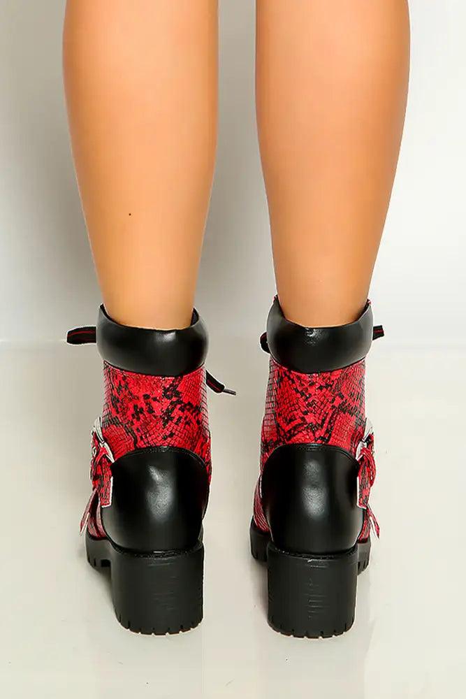 Red Black Snake Print Lace Up Side Buckle Strap Detail Combat Boots - AMIClubwear