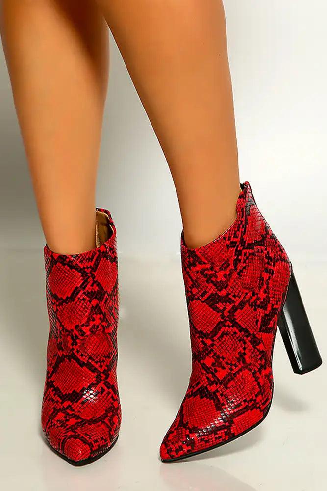 Red Black Snake Print Pointy Toe Chunky High Heel Booties - AMIClubwear