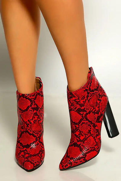 Red Black Snake Print Pointy Toe Chunky High Heel Booties - AMIClubwear