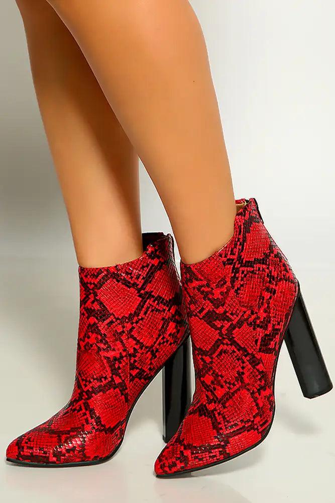 Red Black Snake Print Pointy Toe Chunky High Heel Booties - AMIClubwear