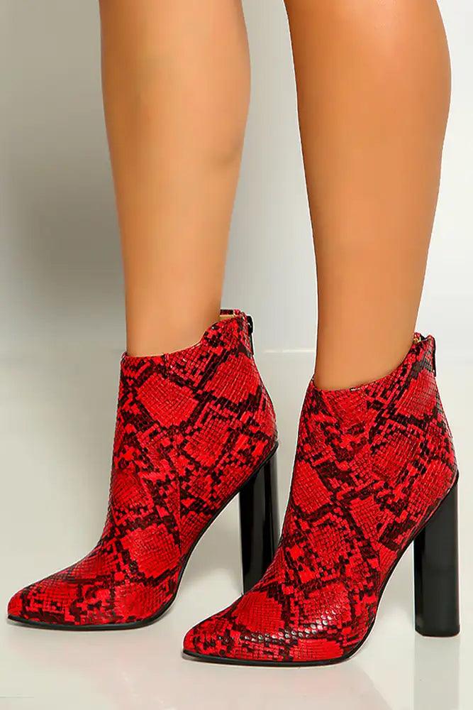 Red Black Snake Print Pointy Toe Chunky High Heel Booties - AMIClubwear