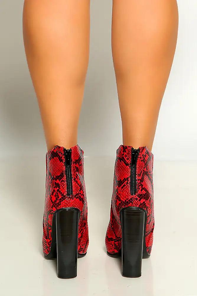 Red Black Snake Print Pointy Toe Chunky High Heel Booties - AMIClubwear