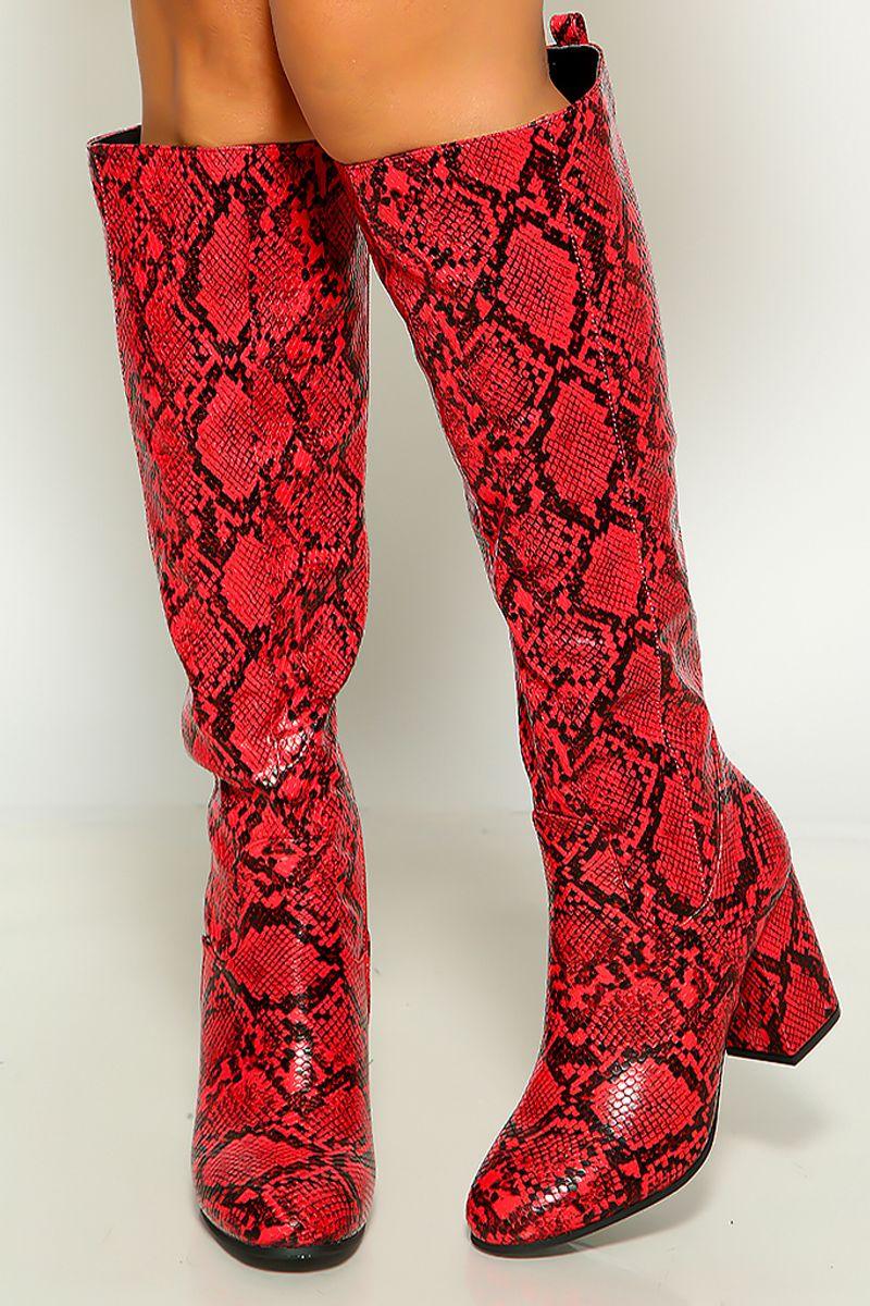 Red Black Snake Print Round Toe Block Heel Knee High Boots - AMIClubwear