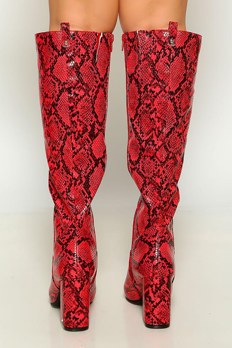 Red Black Snake Print Round Toe Block Heel Knee High Boots - AMIClubwear