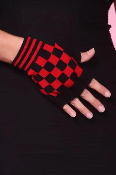 RED BLACK STRIPE PRINTED CROP FINGERLESS GLOVES - AMIClubwear