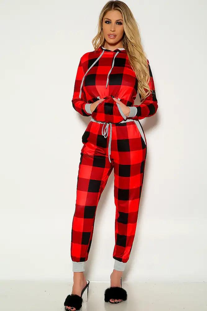 Red Black Two Tone Hodded Lounge Wear Two Piece Outfit - AMIClubwear