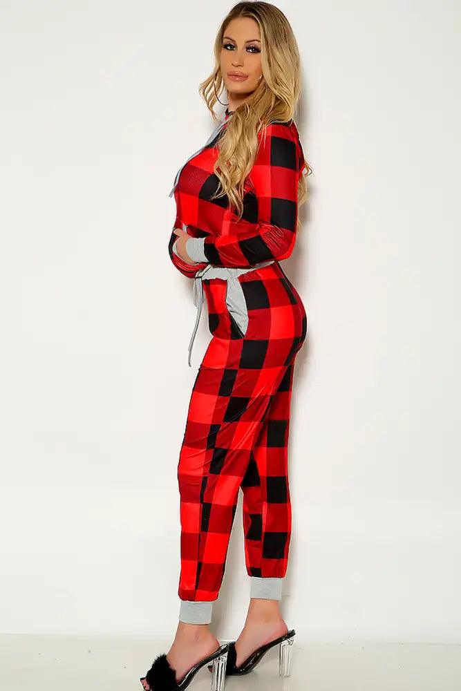 Red Black Two Tone Hodded Lounge Wear Two Piece Outfit - AMIClubwear