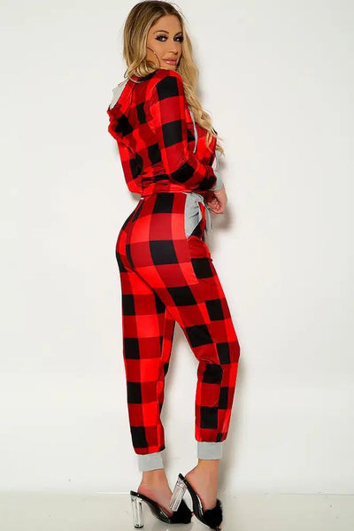 Red Black Two Tone Hodded Lounge Wear Two Piece Outfit - AMIClubwear