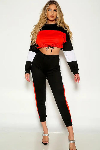 Red Black White Two Tone Long Sleeve Cropped Two Piece Outfit - AMIClubwear