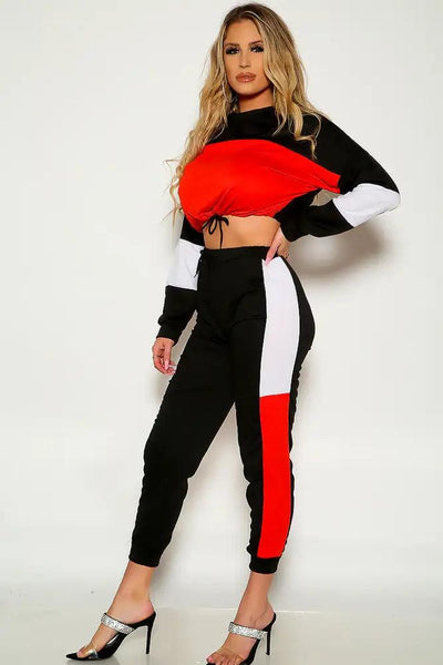 Red Black White Two Tone Long Sleeve Cropped Two Piece Outfit - AMIClubwear