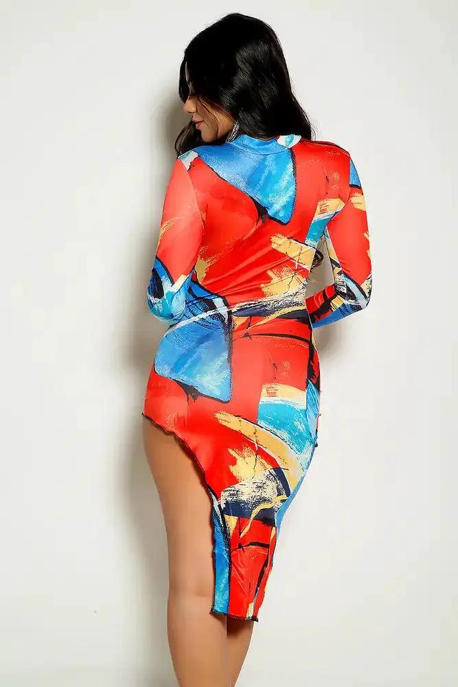 Red Blue Long Sleeve Abstract High Low Dress
