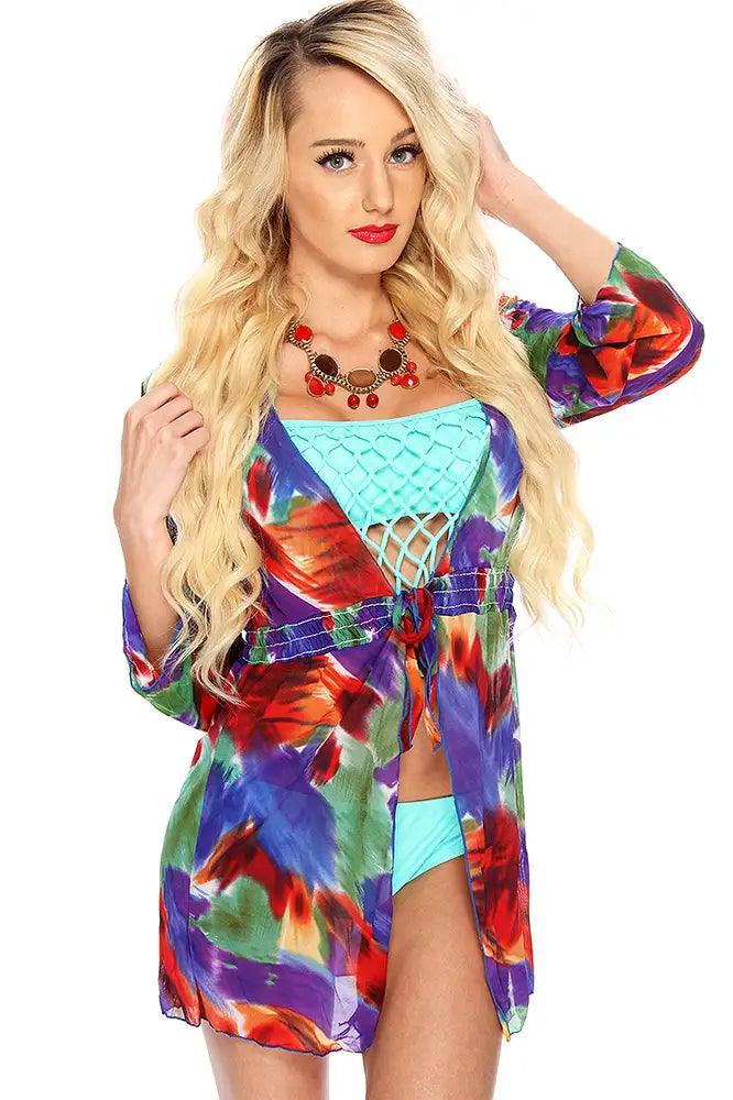 Red Blue Printed Quarter Sleeves Robe Swimsuit Coverup - AMIClubwear