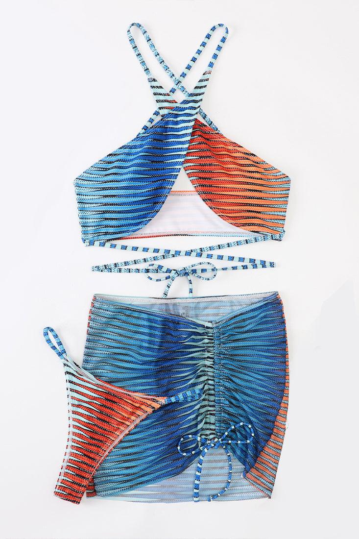 Red Blue Printed Striped Wrap Around Halter 3 Pc Bikini Set - AMIClubwear