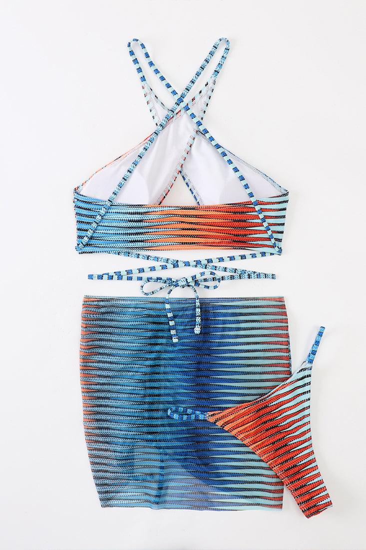 Red Blue Printed Striped Wrap Around Halter 3 Pc Bikini Set - AMIClubwear