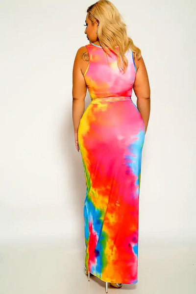 Red Blue Short Sleeve Plus Size Maxi Two Piece  Dress - AMIClubwear