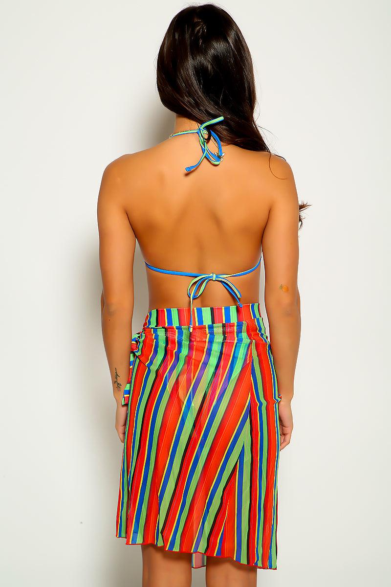 Red Blue Striped Halter Sexy Three Piece Swimsuit - AMIClubwear