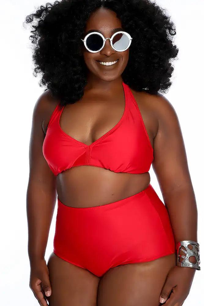 Red Bold Halter Tie High Waist Two Piece Swimsuit - AMIClubwear