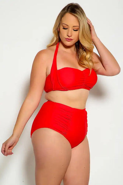 Red Bold Halter Top Ruched High Waist Two Piece Swimsuit Plus - AMIClubwear