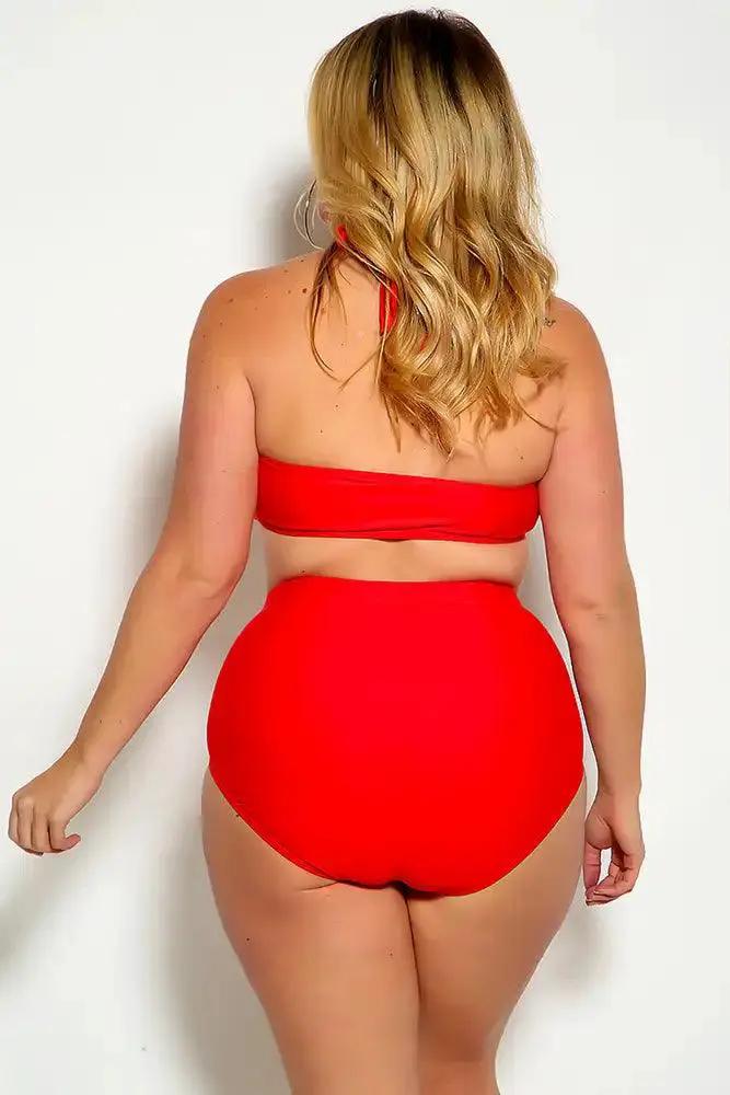 Red Bold Halter Top Ruched High Waist Two Piece Swimsuit Plus