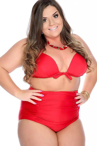 Red Bold Pleated Halter Ruched High Waisted Two Piece Swimsuit Plus - AMIClubwear