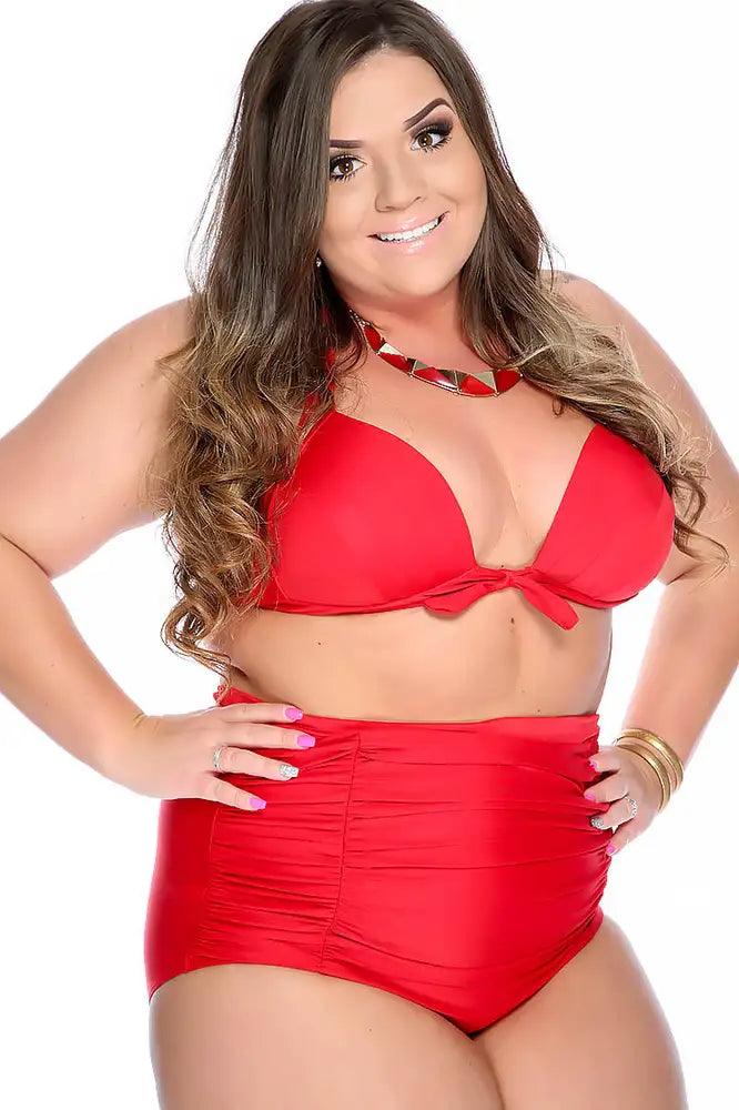 Red Bold Pleated Halter Ruched High Waisted Two Piece Swimsuit Plus - AMIClubwear