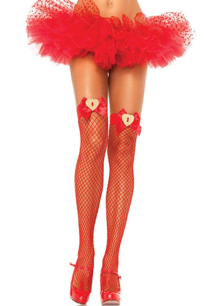 Red Bow Heart Top Fishnet Thigh Highs - AMIClubwear