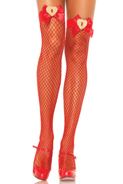 Red Bow Heart Top Fishnet Thigh Highs - AMIClubwear