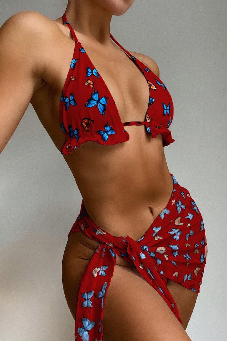 Red Butterfly Print Sexy Three Piece Swimsuit - AMIClubwear