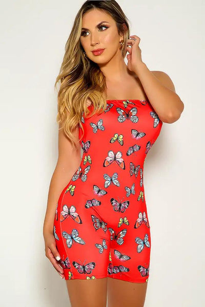 Red Butterfly Print Strapless Romper - AMIClubwear