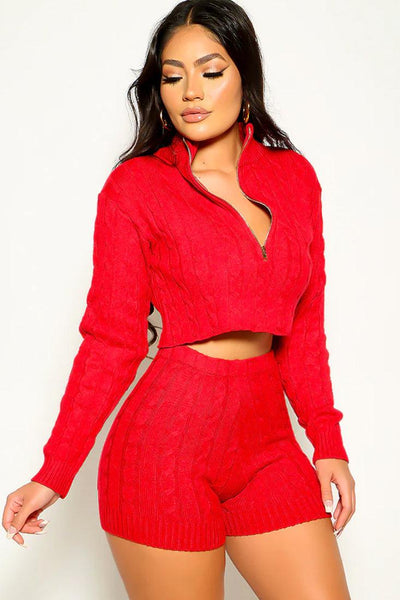 Red Cable Knit Lounge Sexy 2 Pc Sweater Outfit - AMIClubwear