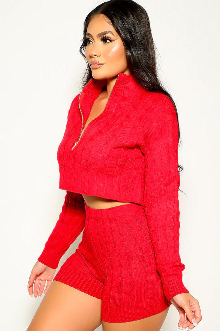 Red Cable Knit Lounge Sexy 2 Pc Sweater Outfit - AMIClubwear