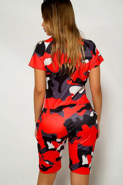 Red Camouflage Print Short Sleeve Romper - AMIClubwear