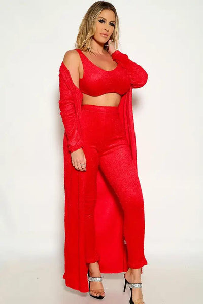Red Cardigan Textured Three Piece Cropped Outfit - AMIClubwear