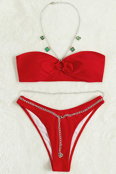 Red Chain Rhinestone Accent Halter Two Piece Swimsuit - AMIClubwear