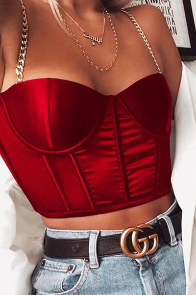 Red Chain Strap Satin Cropped Top - AMIClubwear