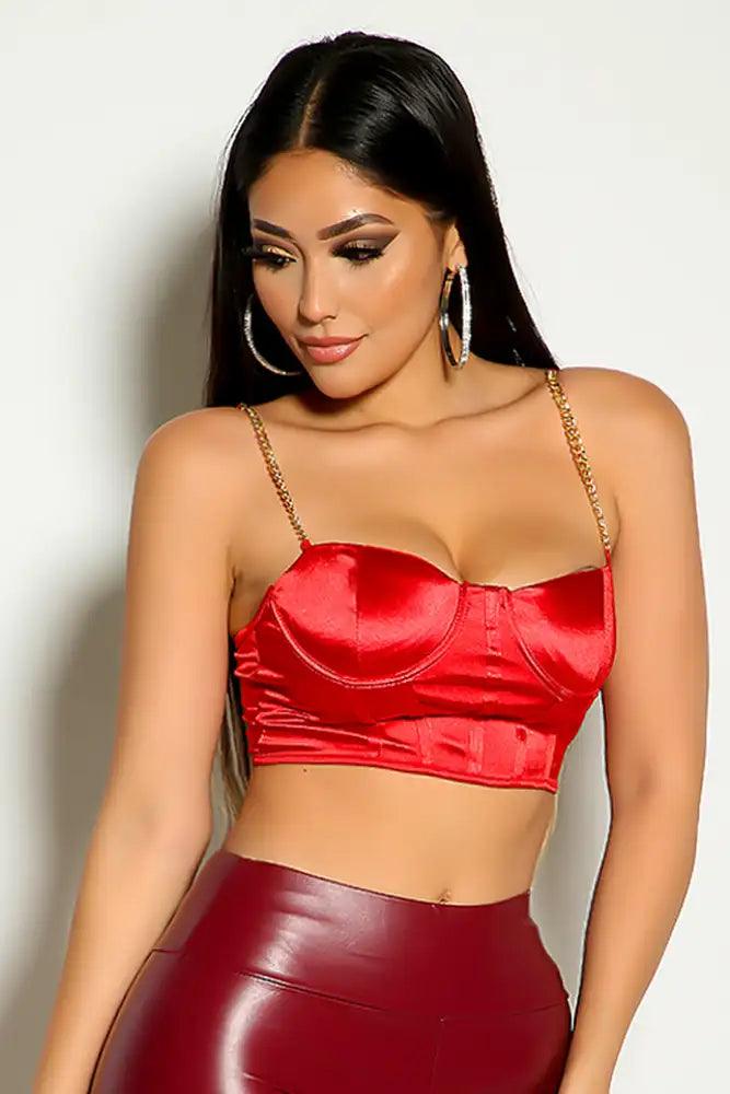 Red Chain Strap Satin Cropped Top - AMIClubwear